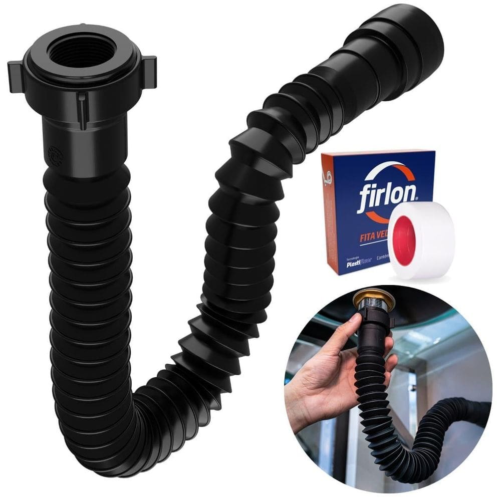 Sifão Sanfonado Universal 61Cm Preto + Fita Veda Rosca