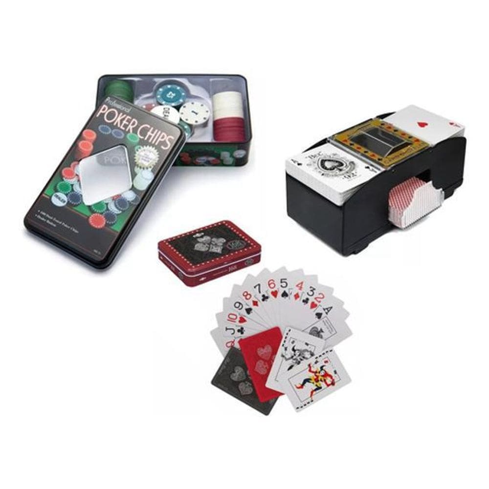 Kit Poker 100 Fichas + Embaralhador De Cartas + 2 Baralhos
