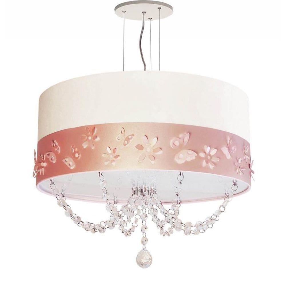 Lustre Pendente Faixa Flores/Borboletas 30x15 Branco/Rosa