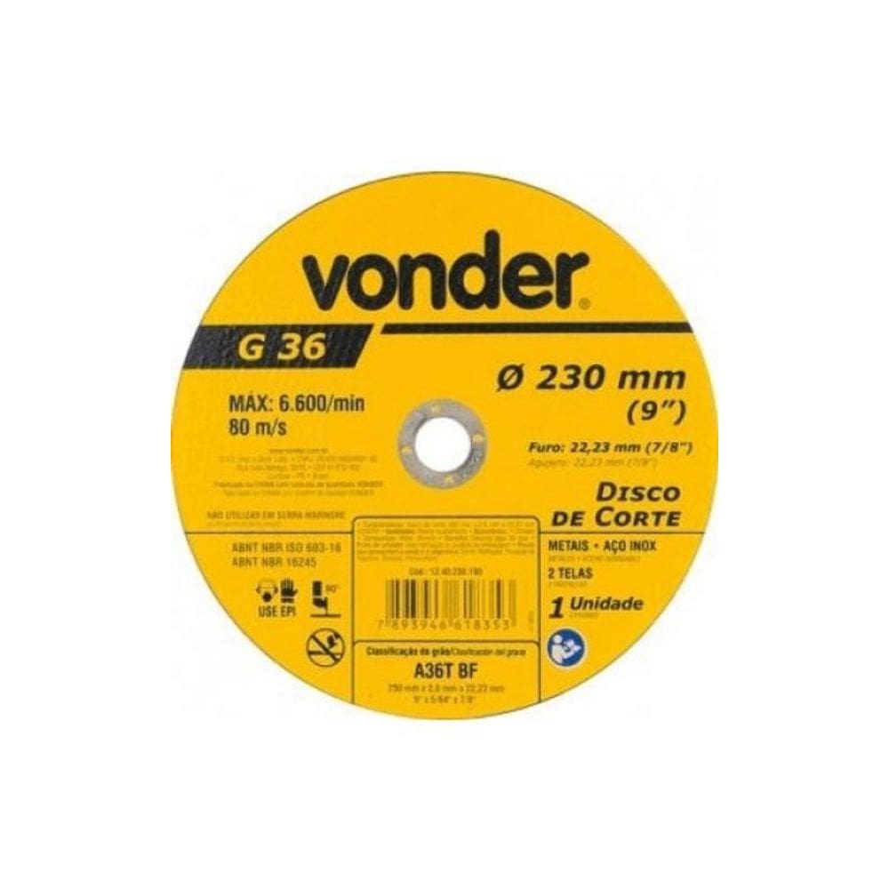 Disco De Corte 230Mm X 2,0Mm X 22,23Mm Vonder 12.40.230.190