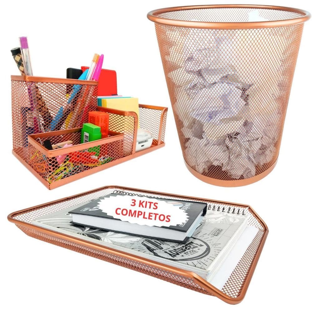Kit3 Escritório Bandeja Organizadora Lixeira Aramad Rosegold