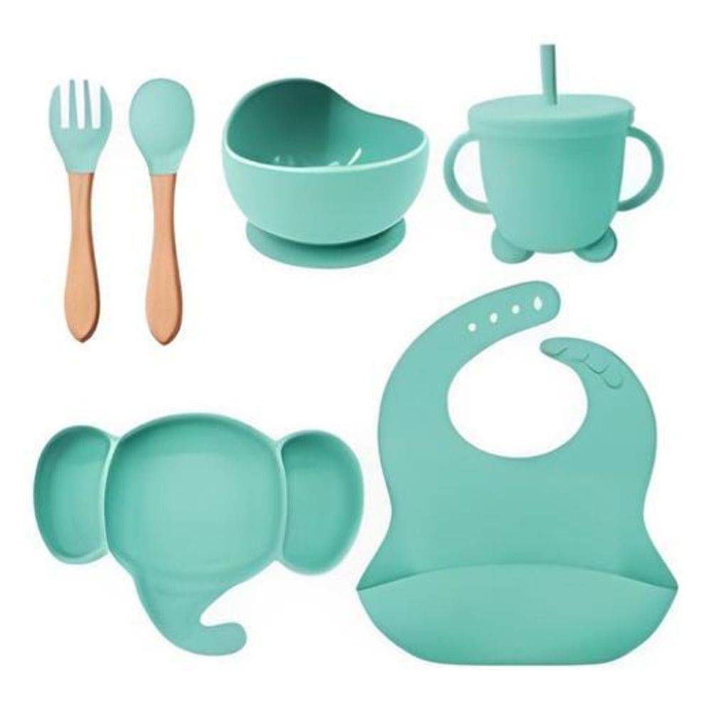Kit Alimentação Bebê Silicone Prato Copo Pote - Verde-Claro