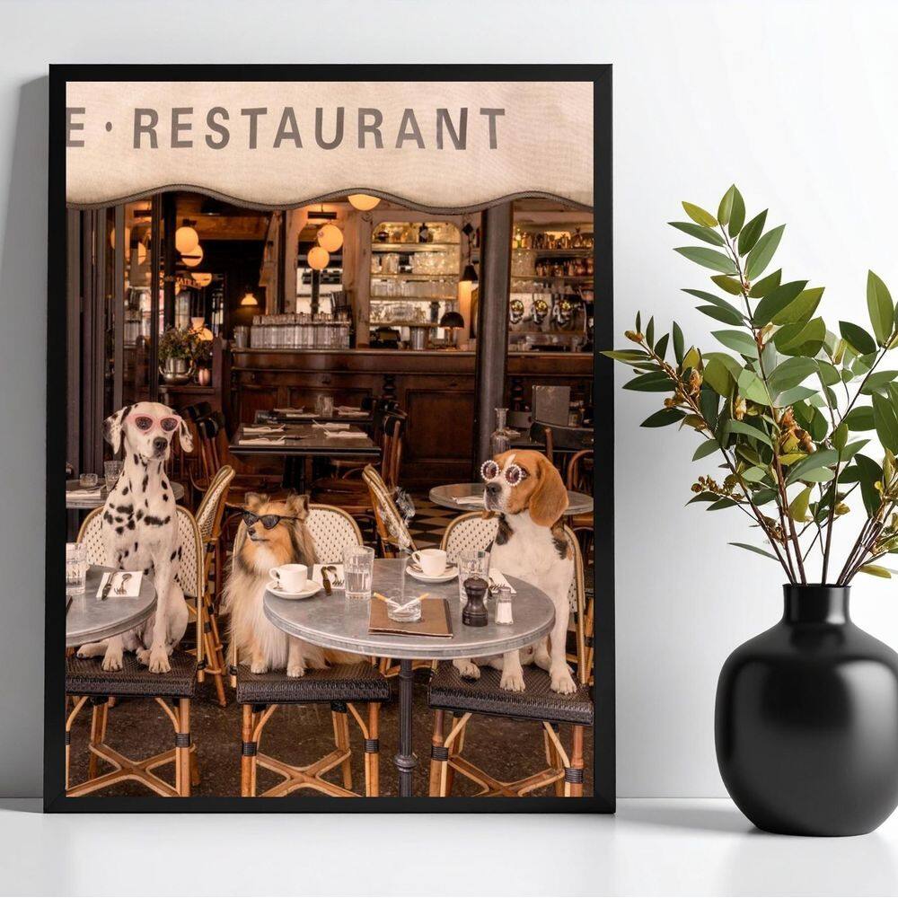 Quadro Cães Na Cafeteria Restaurante 24X18Cm