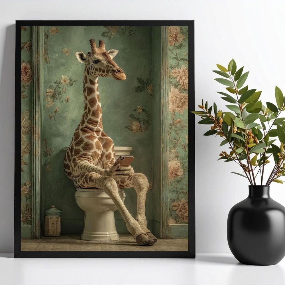 Quadro Banheiro Girafa No Vaso Com Celular 45X34Cm