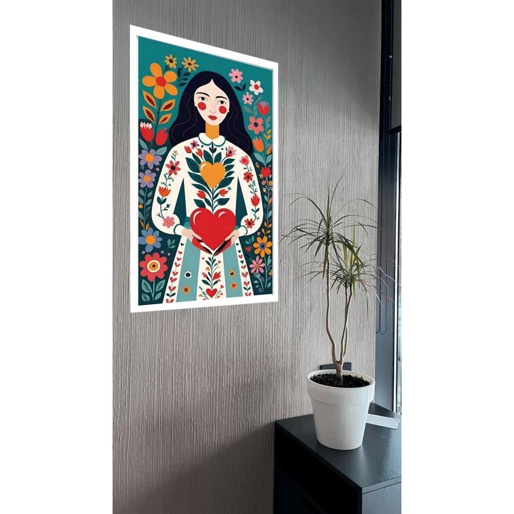 Quadro Decorativo Art Folk Mulher Flores Coração - 70X50Cm