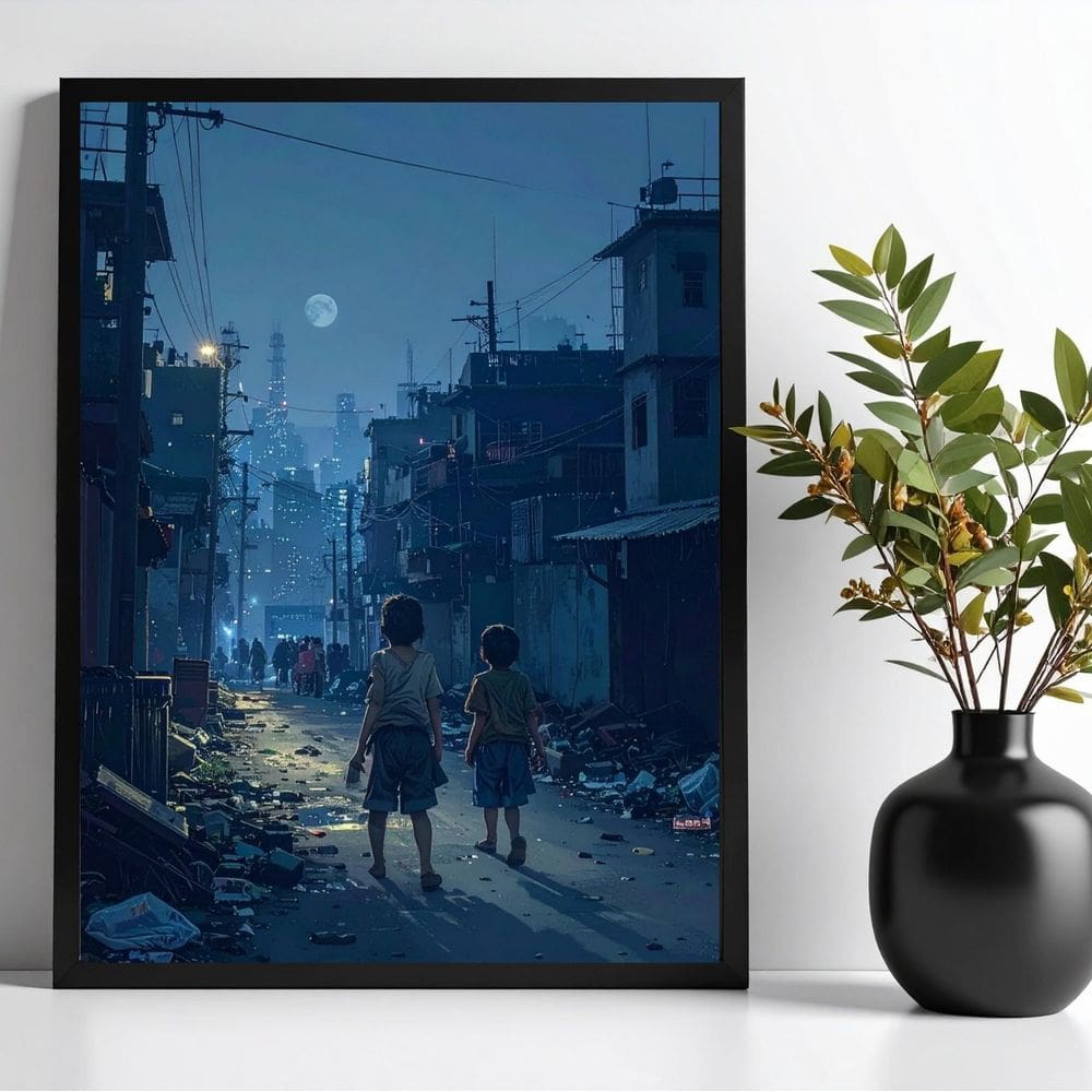 Quadro Crianças Na Favela A Noite 45X34Cm - Com Vidro