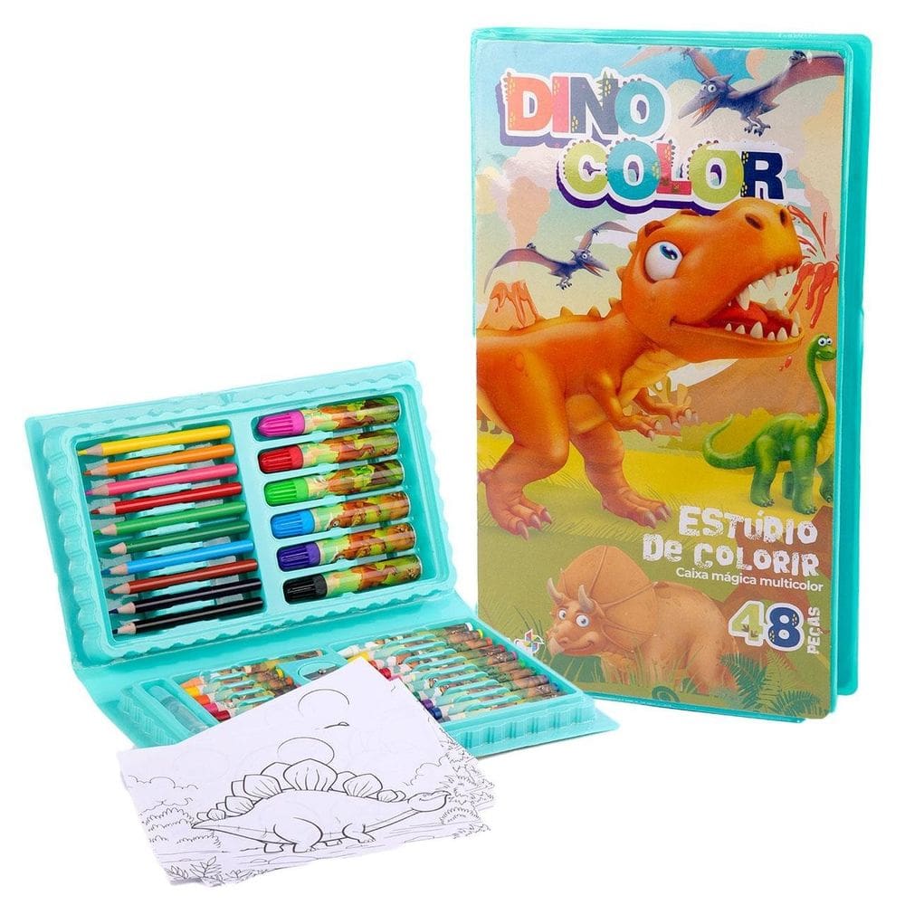 KIT Escolar 48 Peças Colorir Dinossauro Verde - Tudo em Caixa