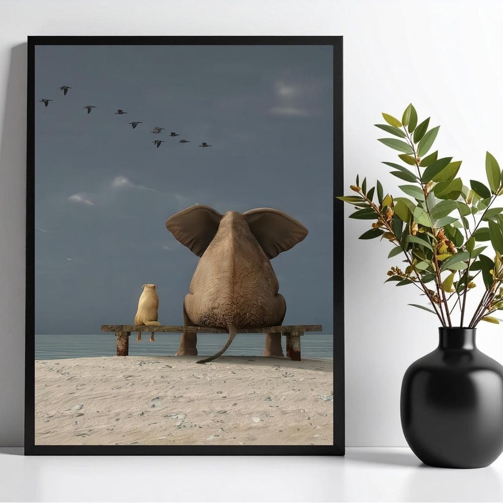 Quadro Decorativo Elefante E Cachorro - Praia 33X24Cm