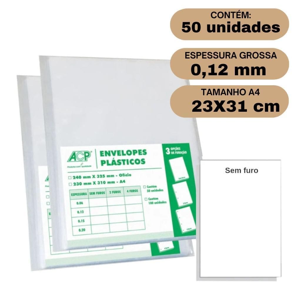 Envelope Saco Plástico A4 Acp 0,12Mm Sem Furos C/50