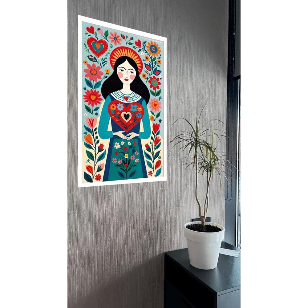 Quadro Decorativo Art Folk Mulher Coração Flores - 70X50Cm