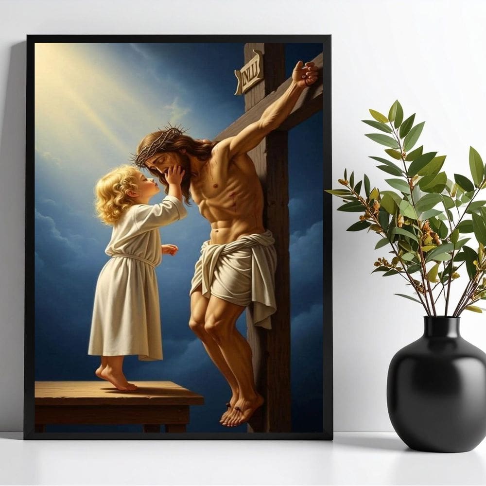 Quadro Criança Beijando Jesus Na Cruz 24X18Cm