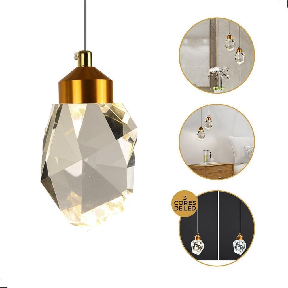 Lustre Pendente Cristal Lapidado Pedra Gold 5W Led 3 Cores