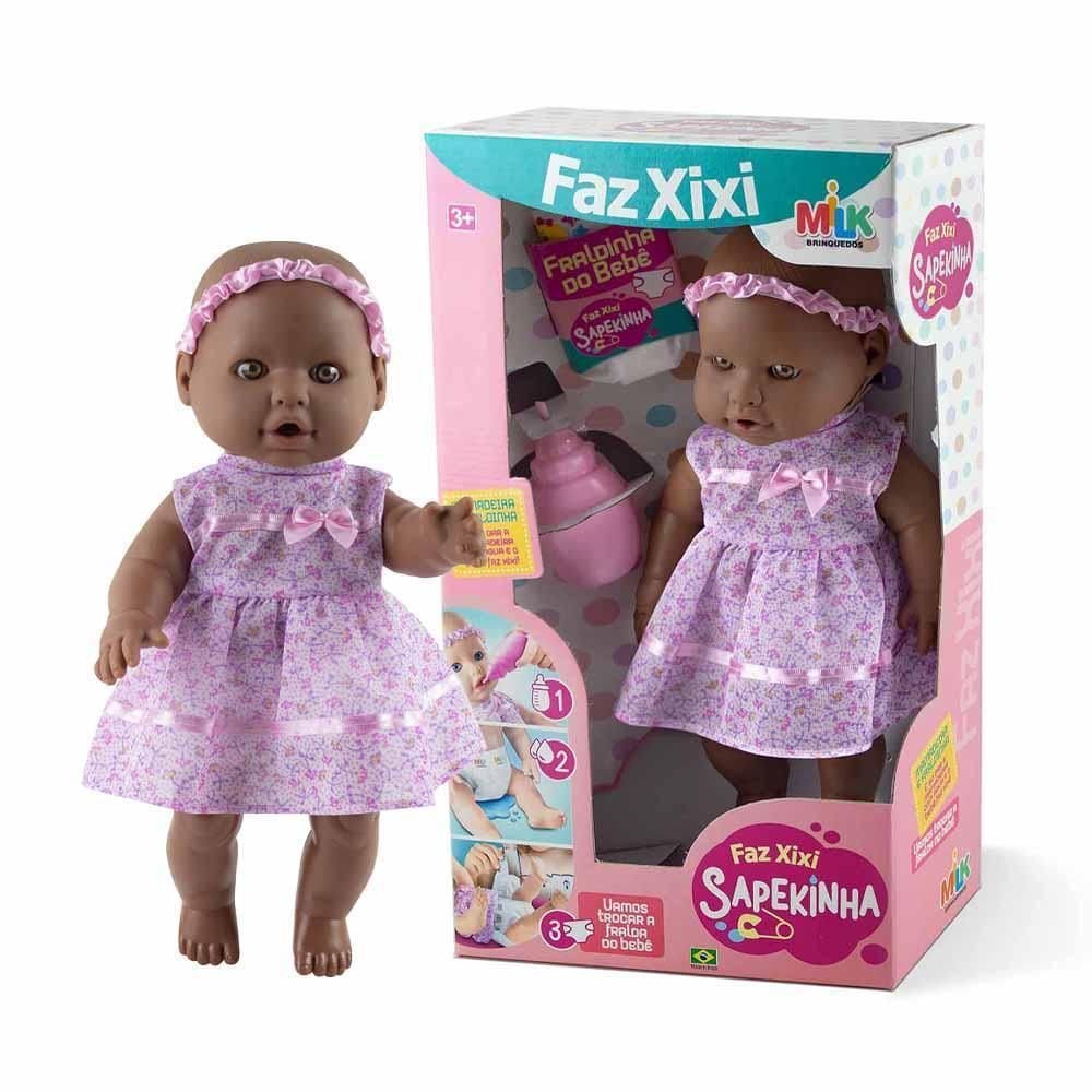 Boneca Bebê Sapekinha Faz Xixi 34Cm Negra Milk Brinquedos