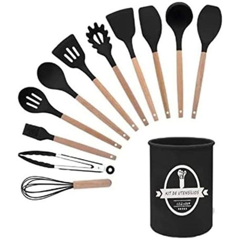 Conjunto Talheres De Silicone Madeira Kit 12 Peças Espátulas