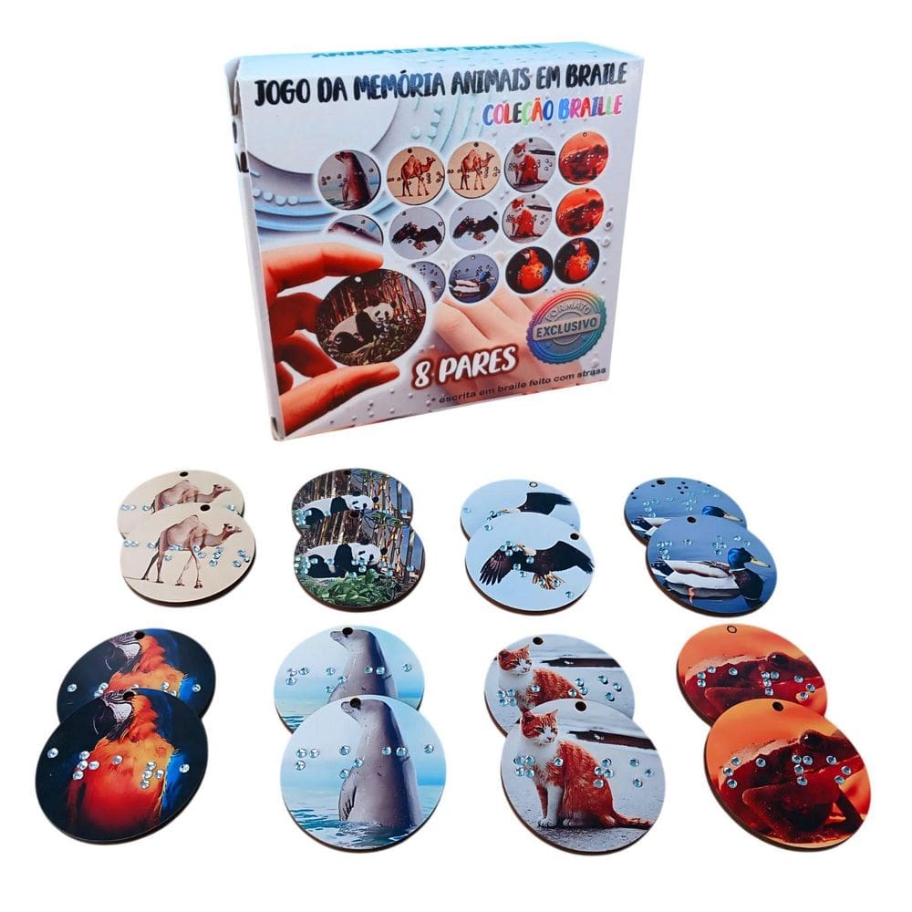 Jogo Sensorial Redondo Em Braille 8 Pares Tema Animais