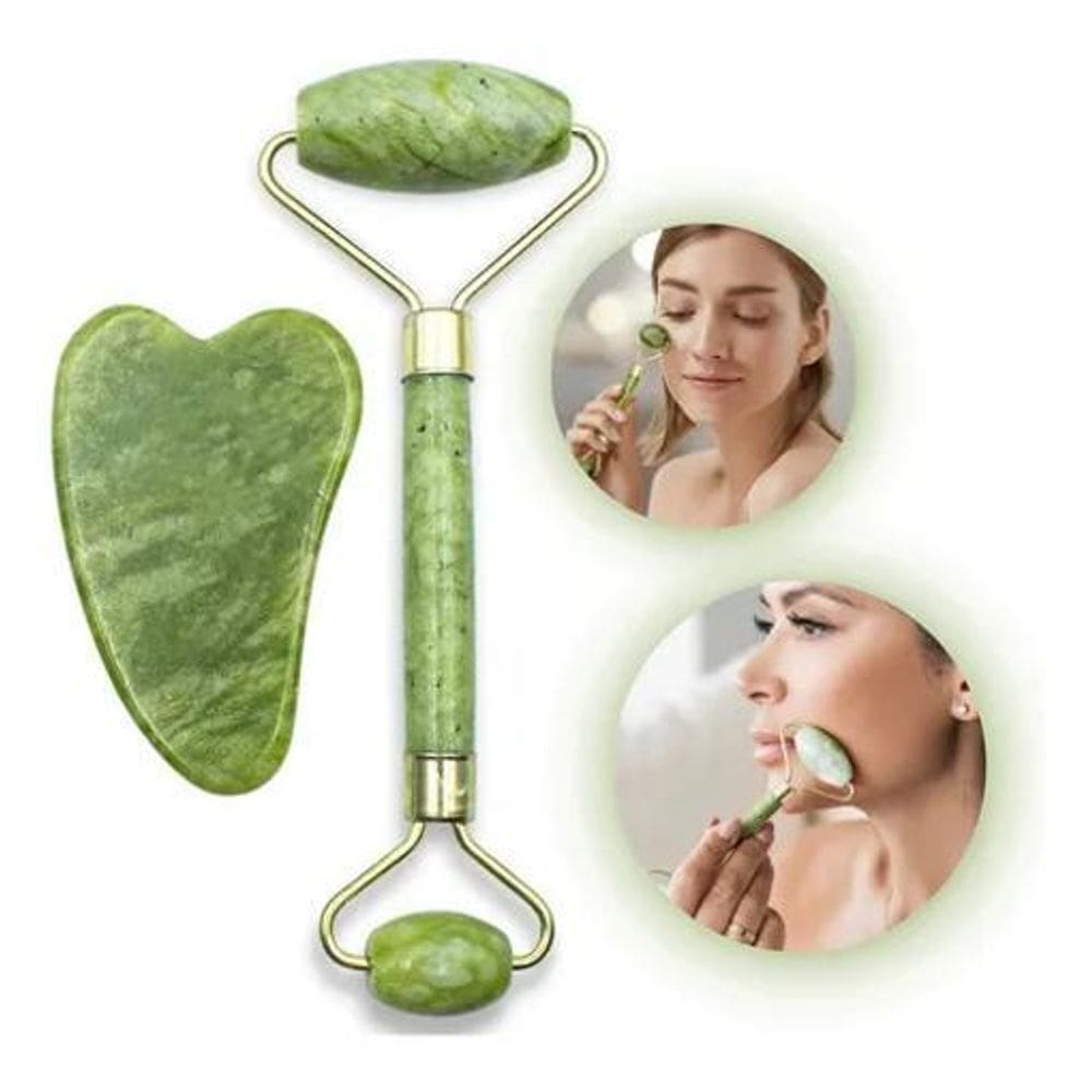 Massageador Pro Facial Pedra Jade Roller + Guasha Cor Verde-