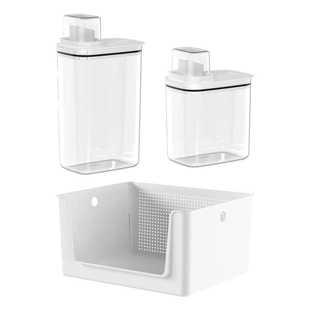 Kit Lavanderia Com Cesto E 2 Dispenser Ou - Branco -Liso