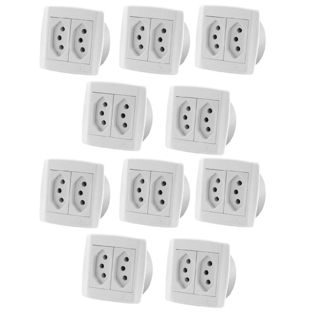 Kit Com 10 Pç Tomada 20A Dupla Para Móveis Ilumi Slim Branca