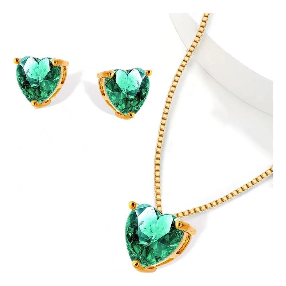 Cojunto Coração Zircônia Banhado A Ouro