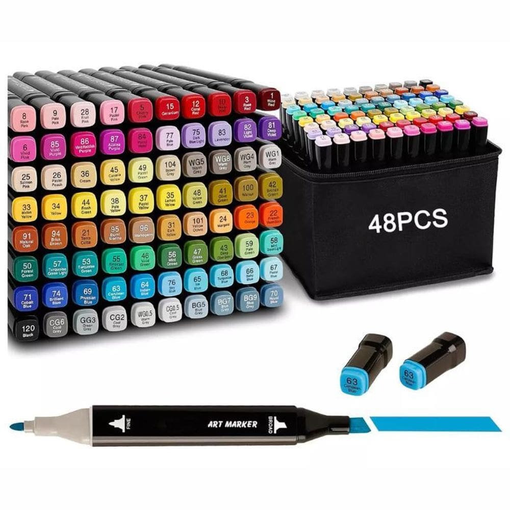 Estojo De Canetas Marcadora 48 Cores De Ponta Dupla Preto