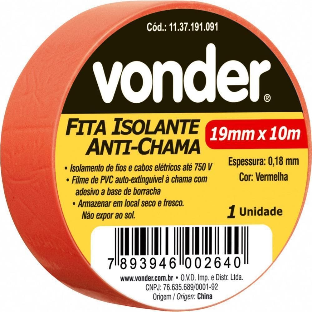 Fita Isolante Pvc 19Mmx10M Vermelha Anti Chama Peça Vonder