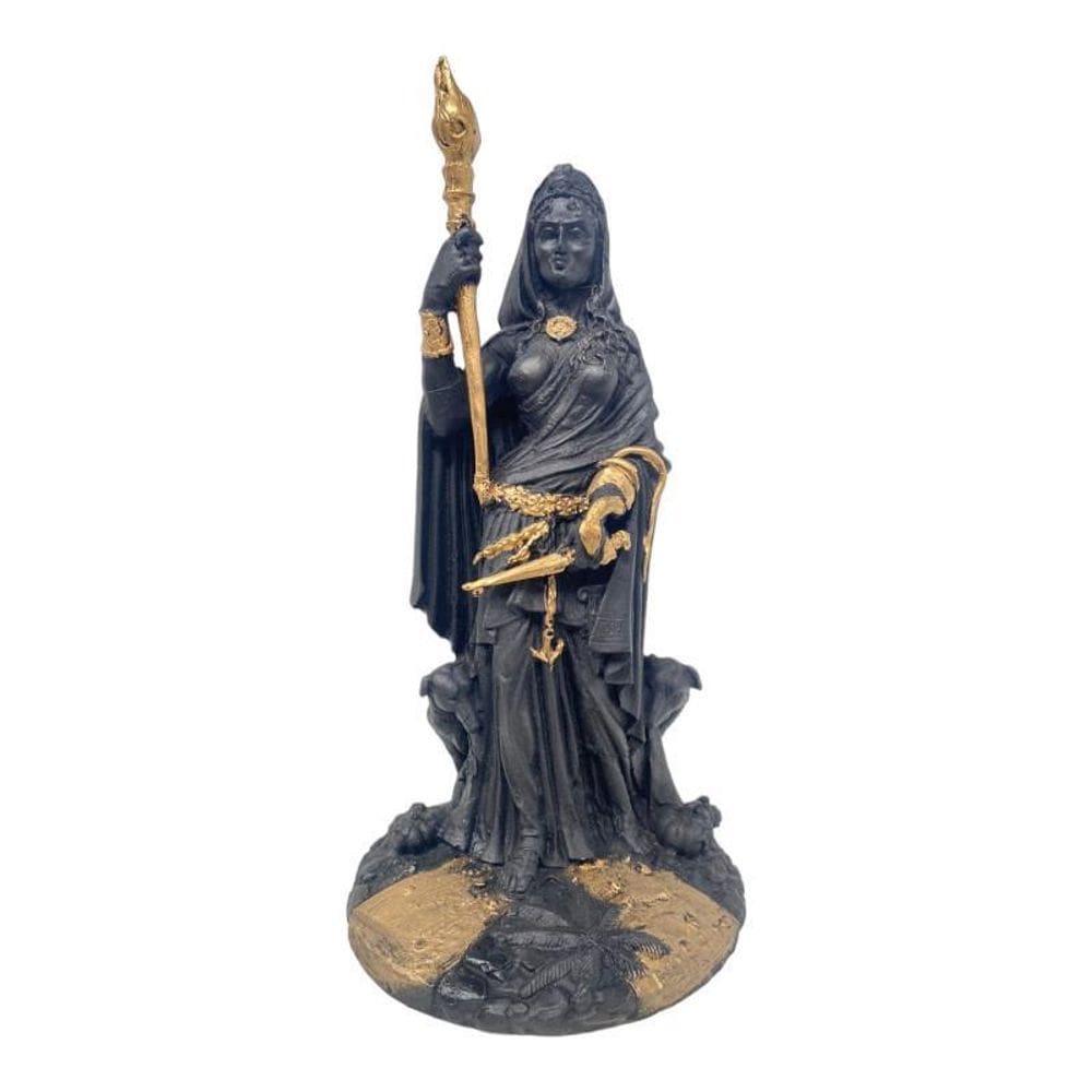 Escultura Hécate Preta Cajado E Escudeira 28Cm Em Resina