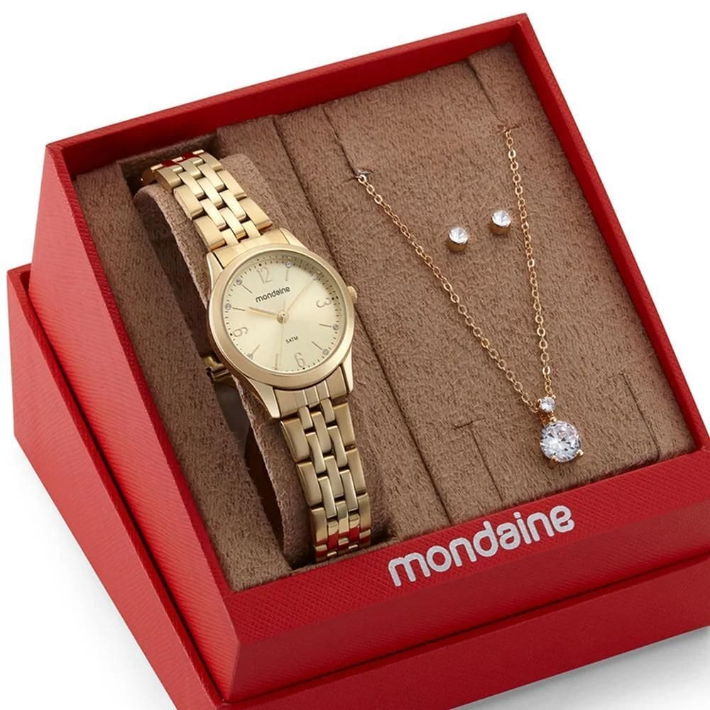 Kit Relógio Mondaine Dourado Com Semijoia 32720Lpmkde1K1