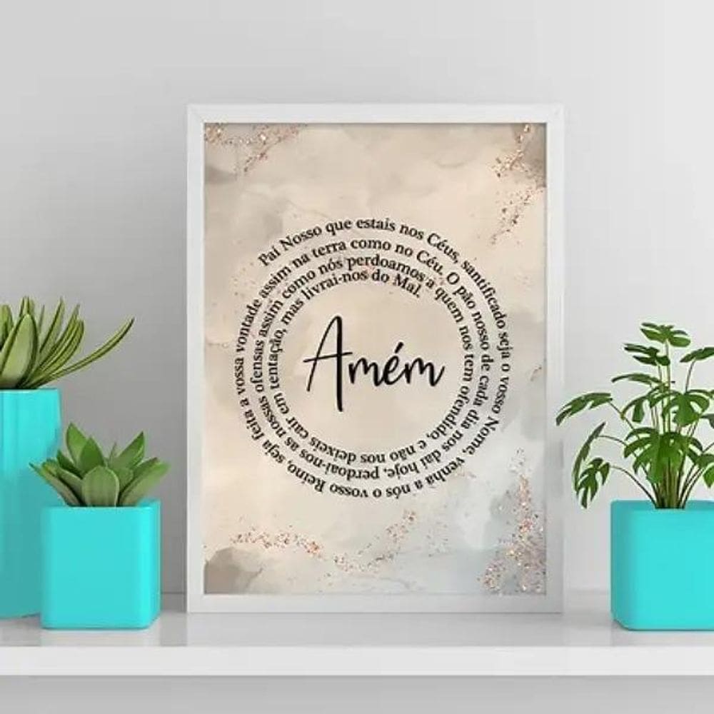 Quadro Oração Pai Nosso - Mármore Bege E Dourado 24X18Cm