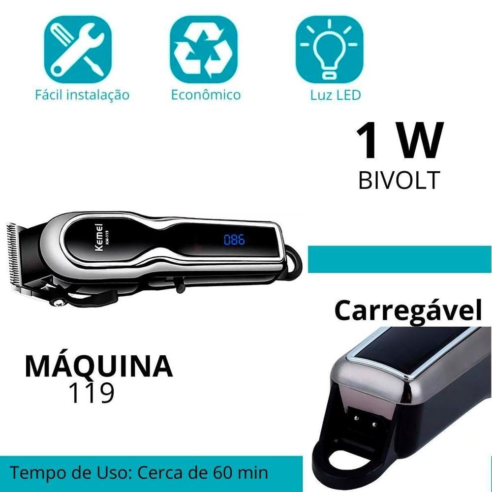 Maquininha Kemei Recarregável Com Display Led