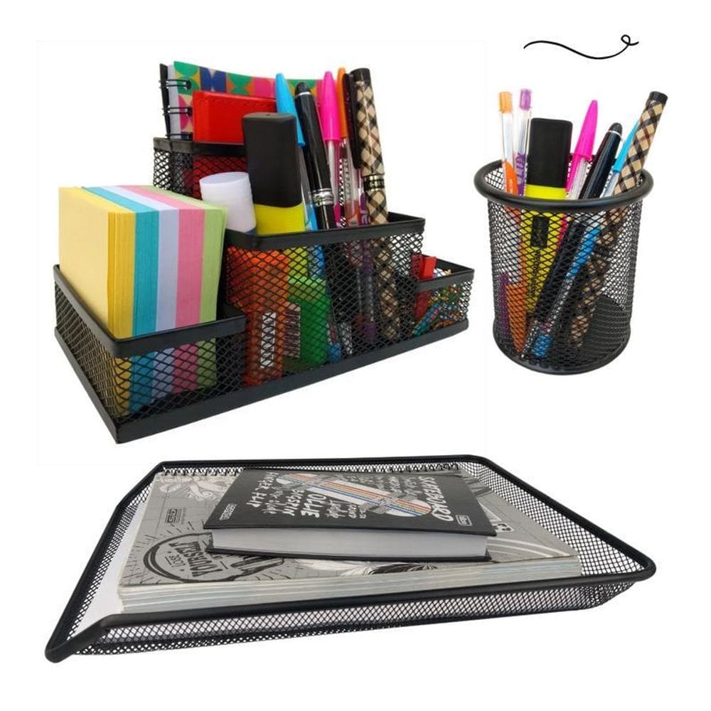 Kit Escritório Organizador, Bandeja e Porta Caneta Preto