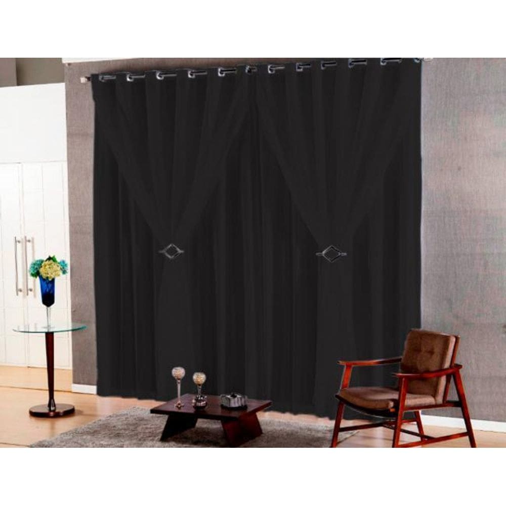 Cortina Sala Voal Liso Preto Com Forro Preto 4,00X2,50M