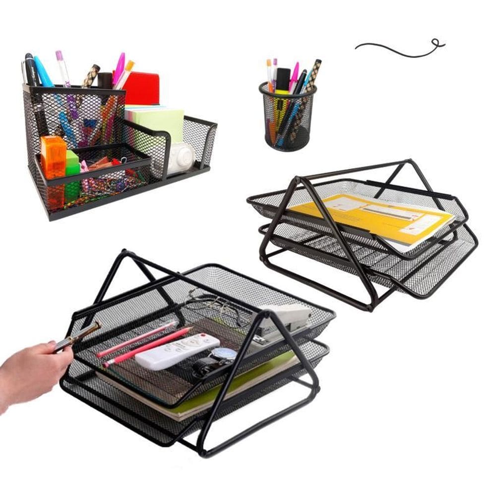 Kit Escritório Organizador Mesa Bandeja Dupla Porta Caneta