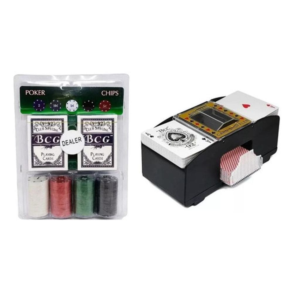 Kit Poker 108 Cartas E 100 Fichas + Embaralhador Baralho