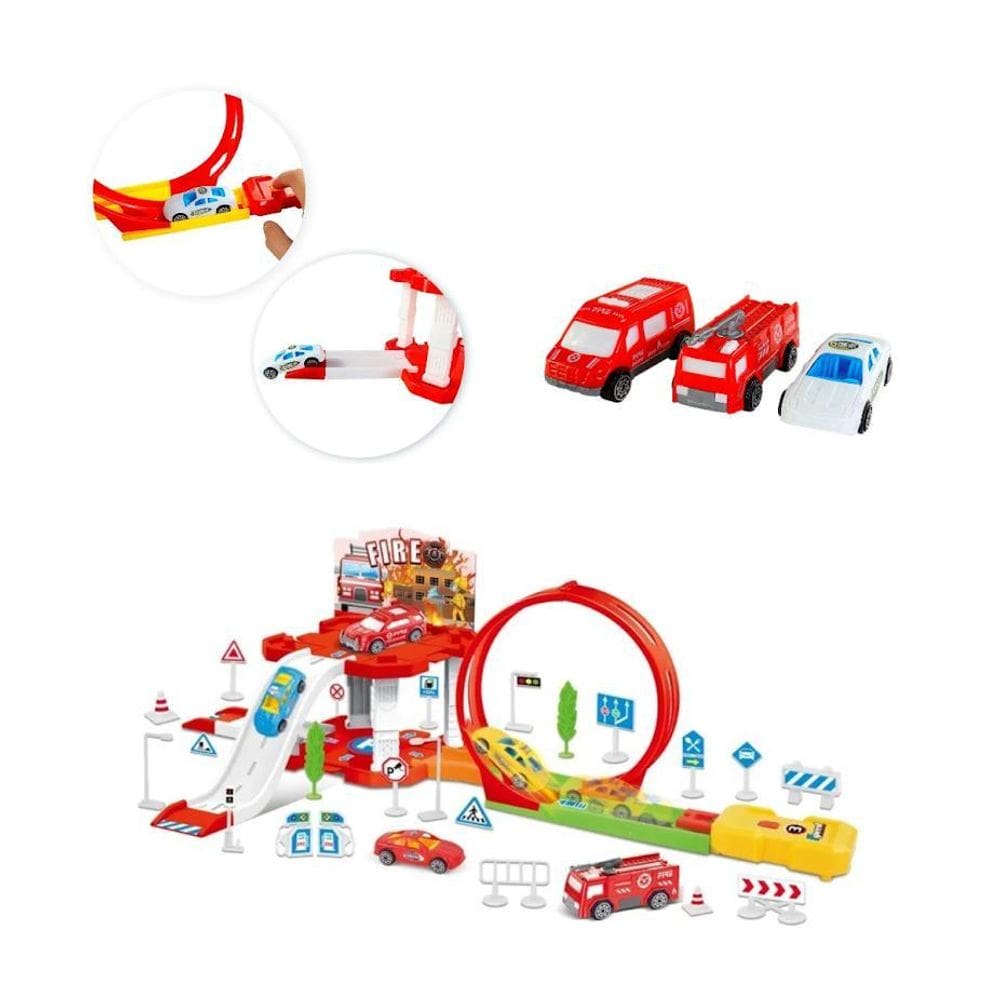 Pista Estacionamento Bombeiro Fire Hot Weells Lançador 43 Pç