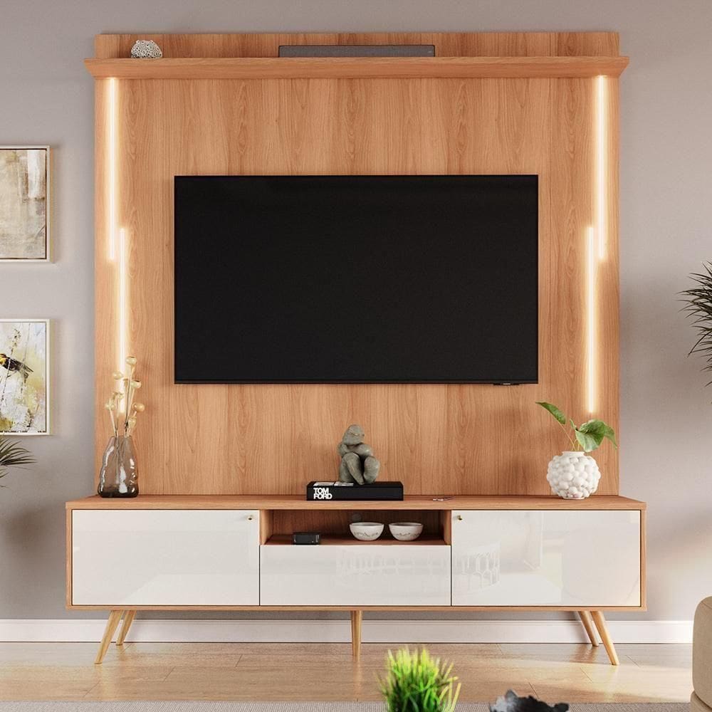 Rack Com Painel Sevilla - Mdp Efeito Ripado 3d Jequitibá-off White - Lukaliam Móveis
