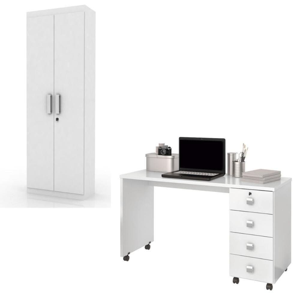 Conjunto De Escritório Office Escrivaninha Com Rodizios Multiuso Branco
