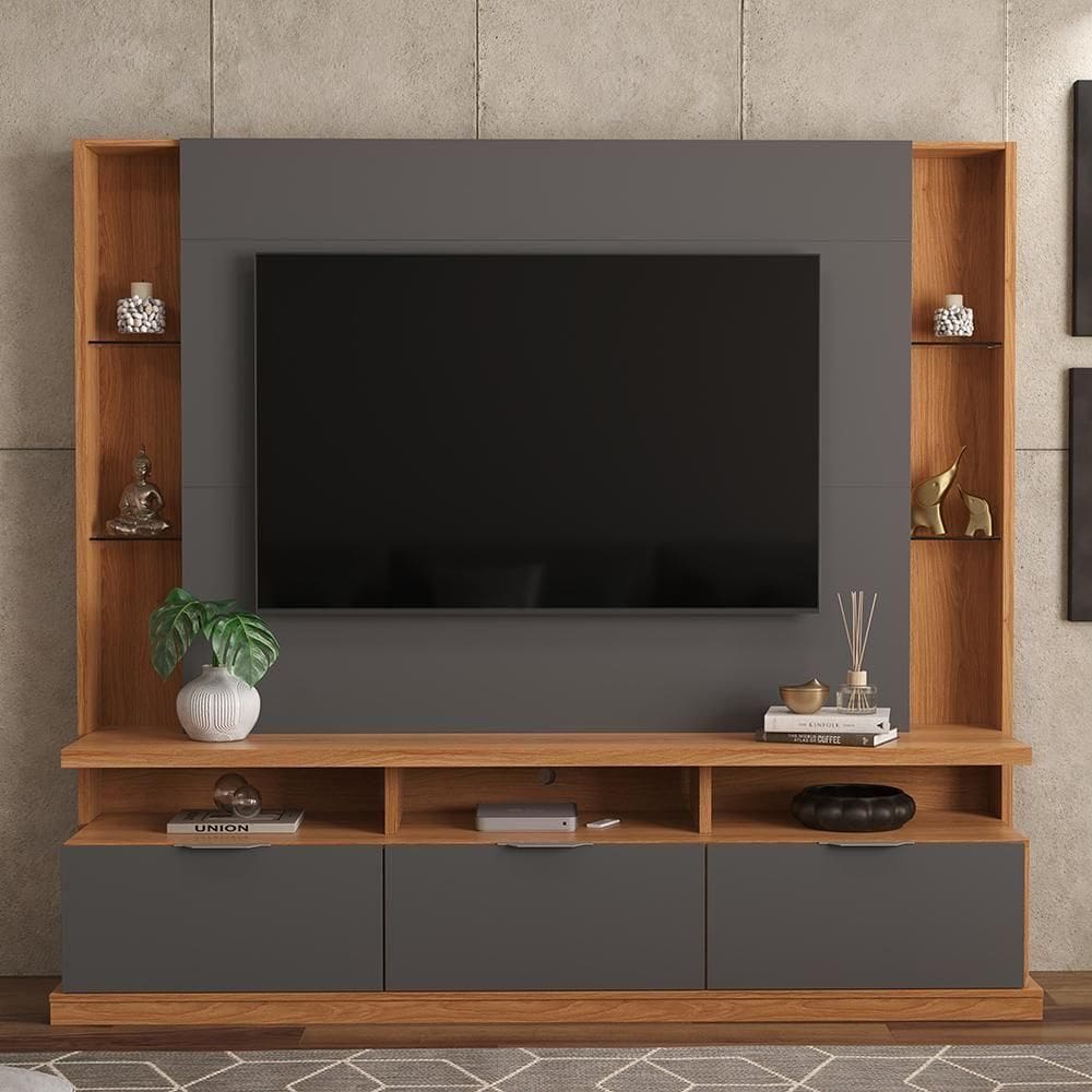 Estante Home Para Até 70” 3 Portas Lukaliam Móveis Bilbao Jequitiba-cinza Perolizado Jequitiba-cinza Perolizado