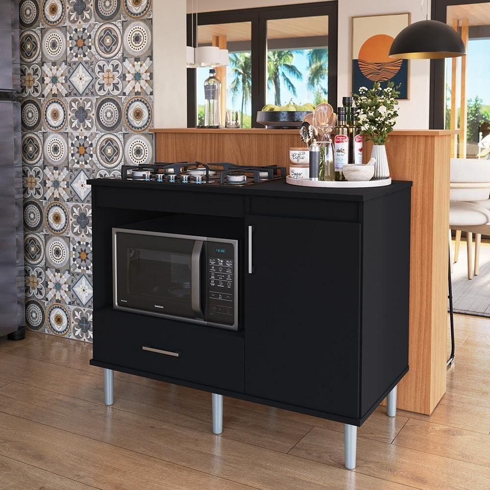 Kit Bancada Ilha Para Cozinha + Balcão Para Cooktop 1,05m 5 Bocas Turim Preto Preto