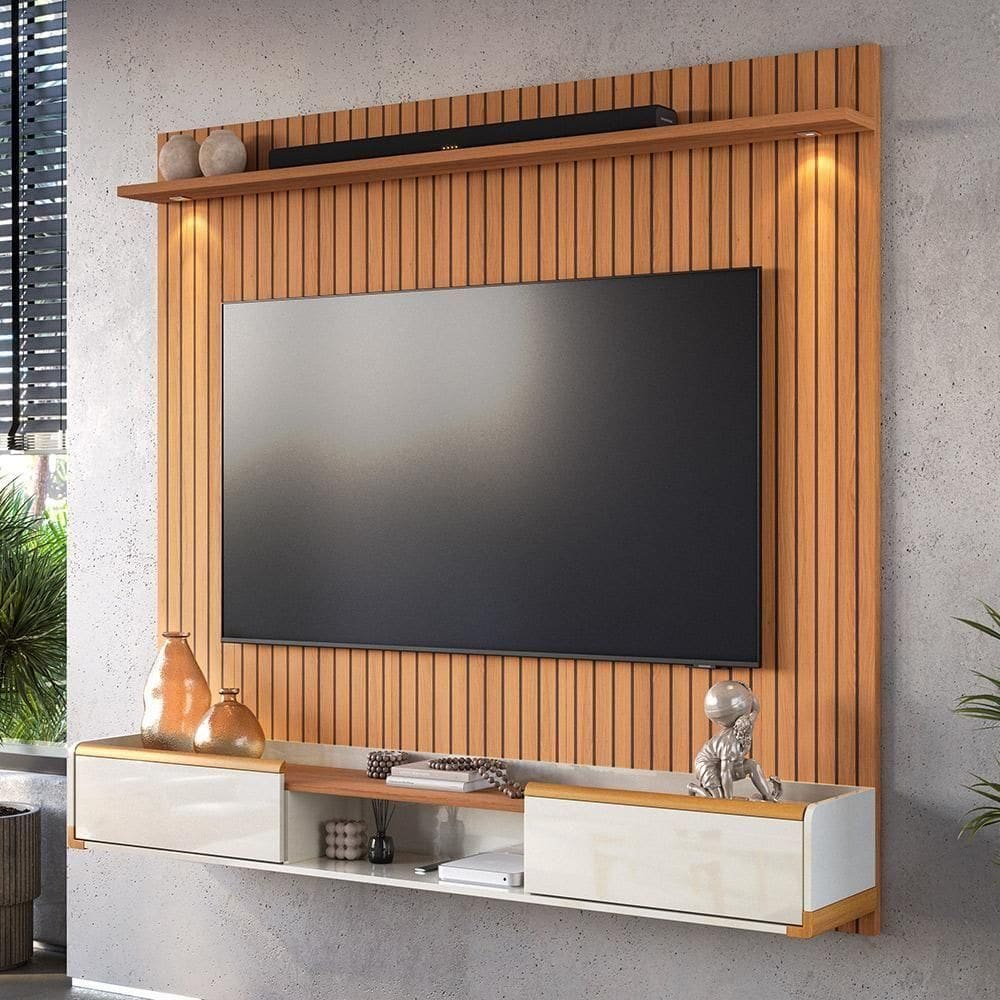 Painel River Com Led + Rack Bancada Atlas Jequitiba-off White Lukaliam Móveis Jequitiba Ripado-off White Jequitiba Ripado-off White