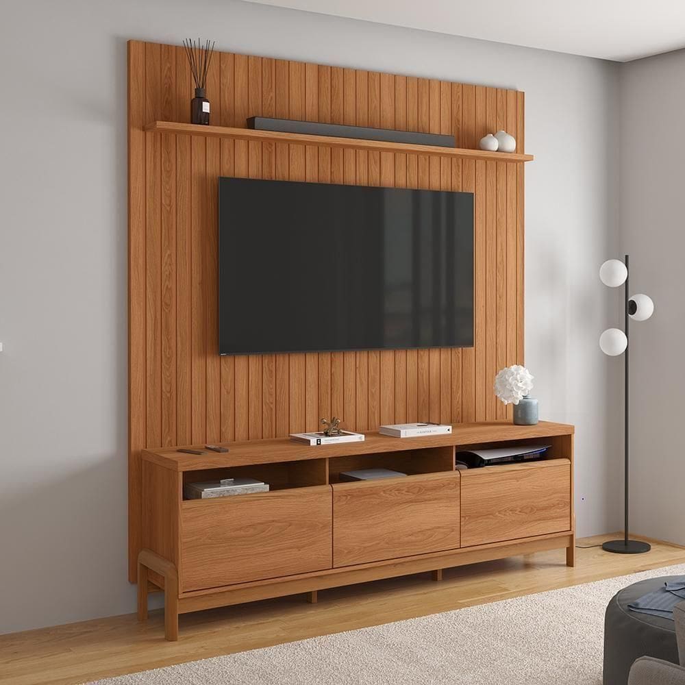 Painel Para Oslo E Rack Elegance - Até 75`` Jequitibá Ripado- Lukaliam Móveis Jequitiba Ripado