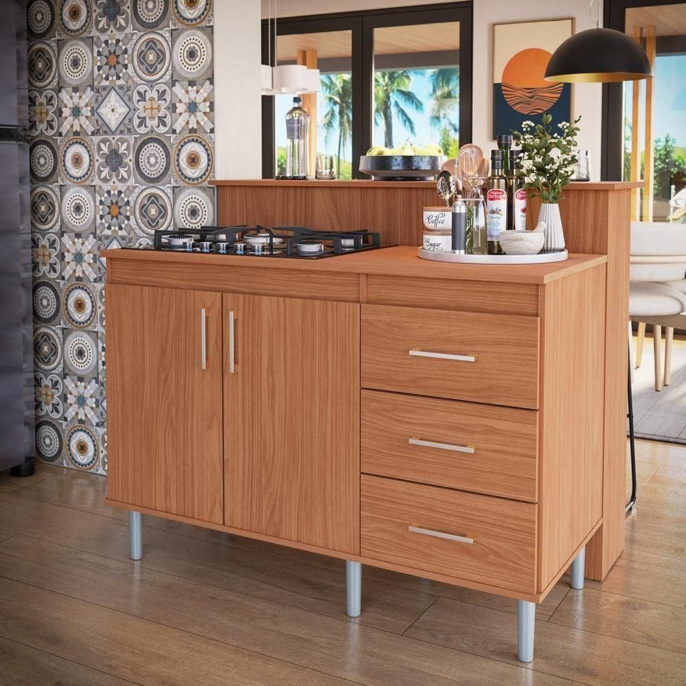 Kit Bancada Ilha Para Cozinha + Balcão Para Cooktop 1,20m 5 Bocas 2 Portas E 3 Gavetas Turim Nature Nature