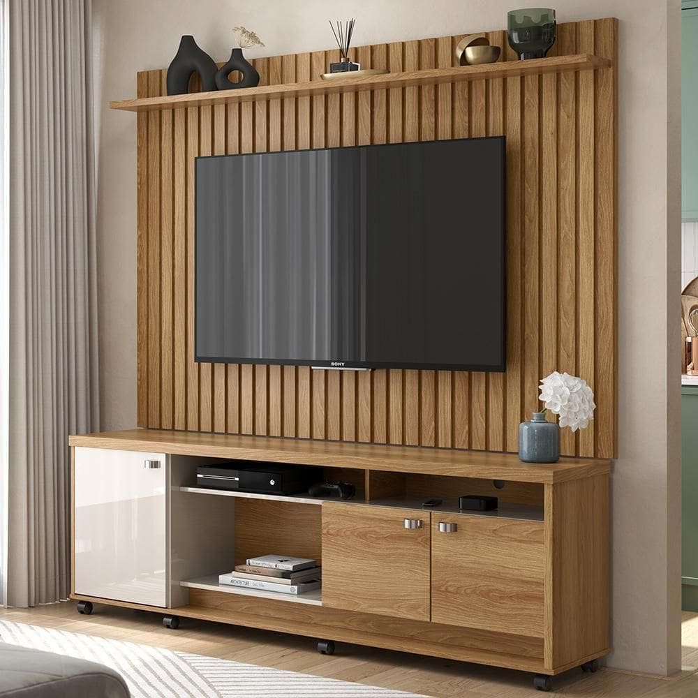 Home Dallas - Para Até 70” Mdp-mdf Ripado Rodízios Freijó-off White - Lukaliam Móveis