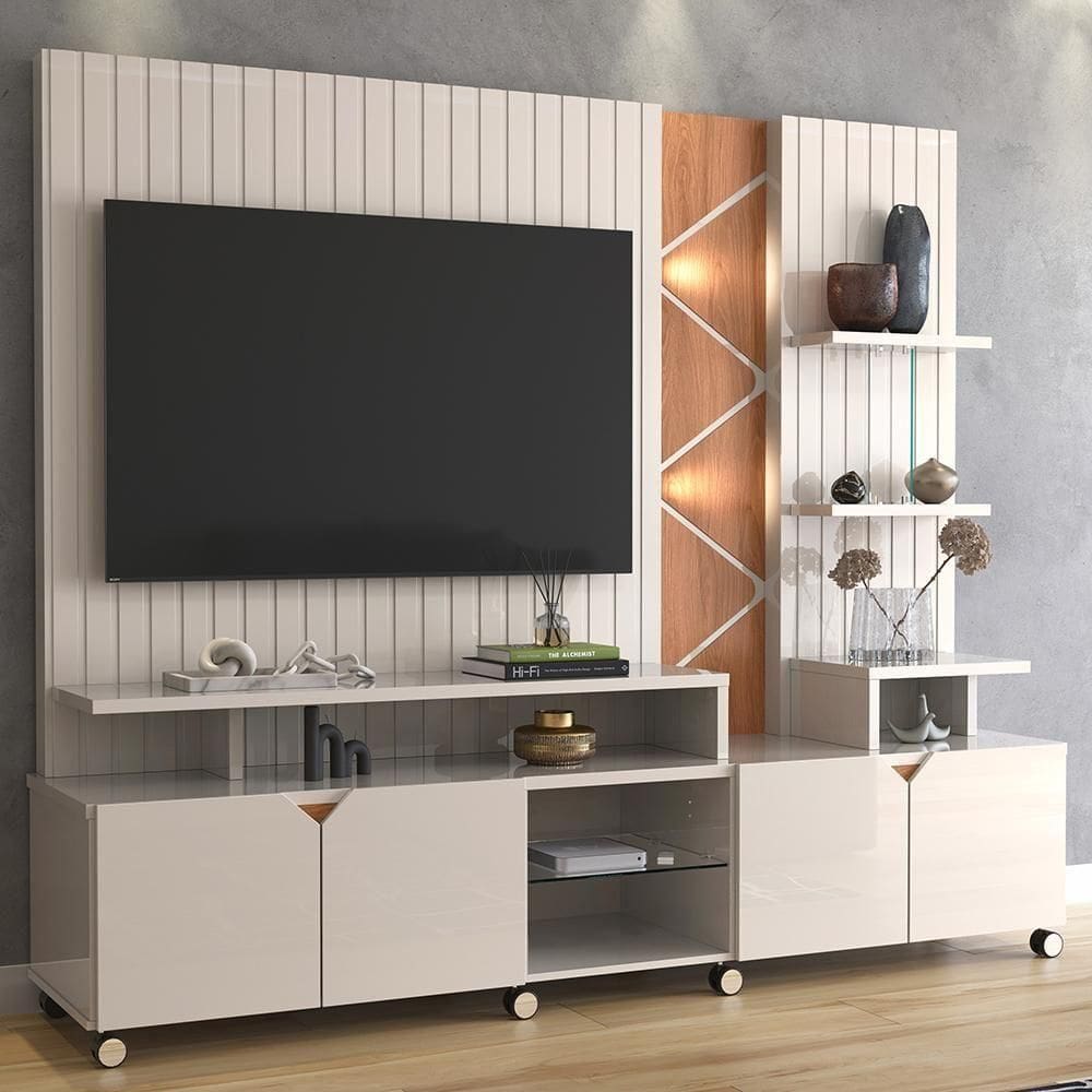 Rack Lukaliam Móveis C- Painel Para Até 55 Led Frisado 2,10m Off White Perolizado Com Jequitiba