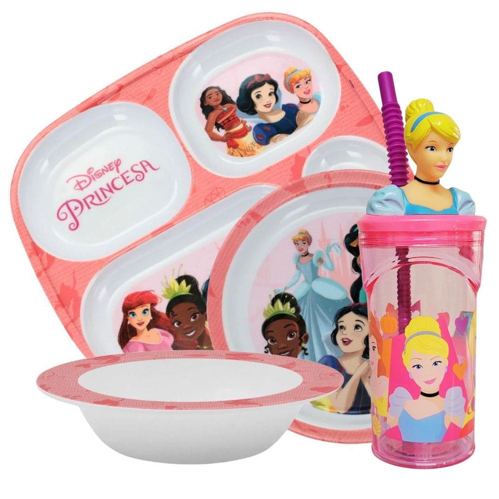 Jogo Refeição Infantil Princesas Disney 4 Peças Bandeja Divisória, Prato Fundo, Tigela e Copo Melamina - Tuut