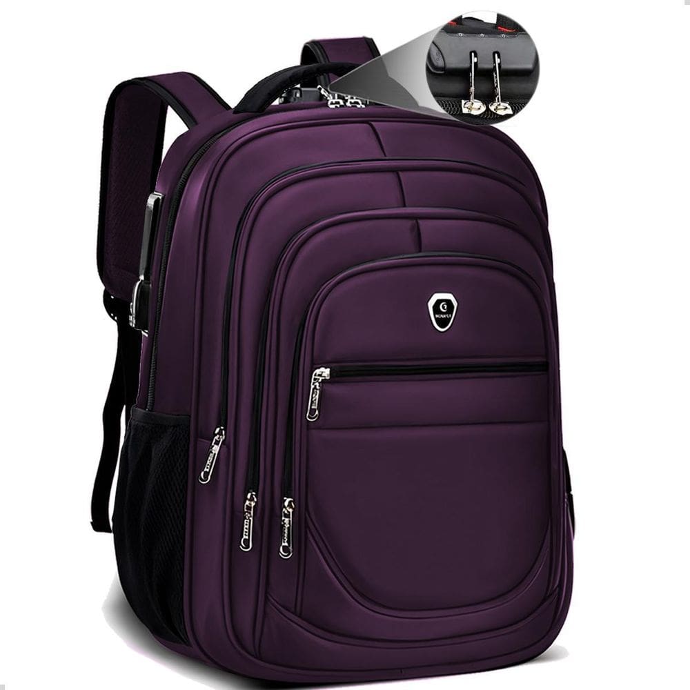 Mochila Notebook Trava Com Senha Saida Cabo Usb Fone Roxo