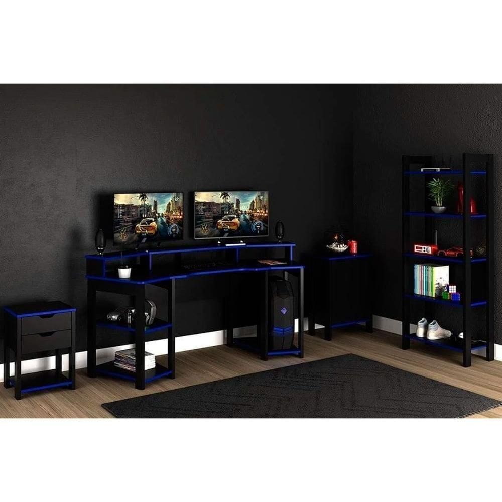 Quarto Casal Completo Gamer 4 Peças (mesa Cabeceira + Mesa De Computador + Balcão + Estante) Preto-azul - Tecno Mobili