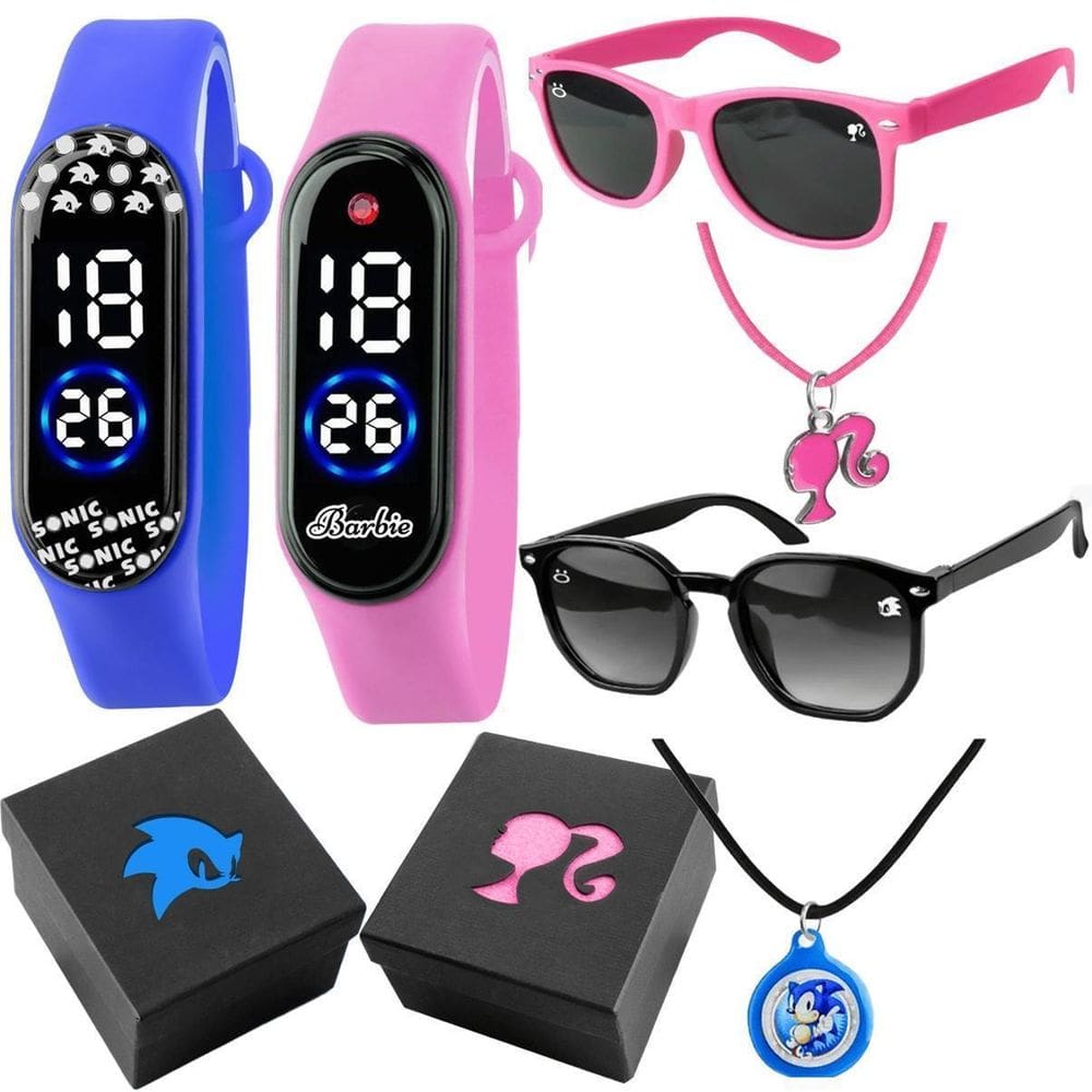 Kit 2 Relógio Digital Infantil 2 Óculos 2 Colar Rosa E Preto