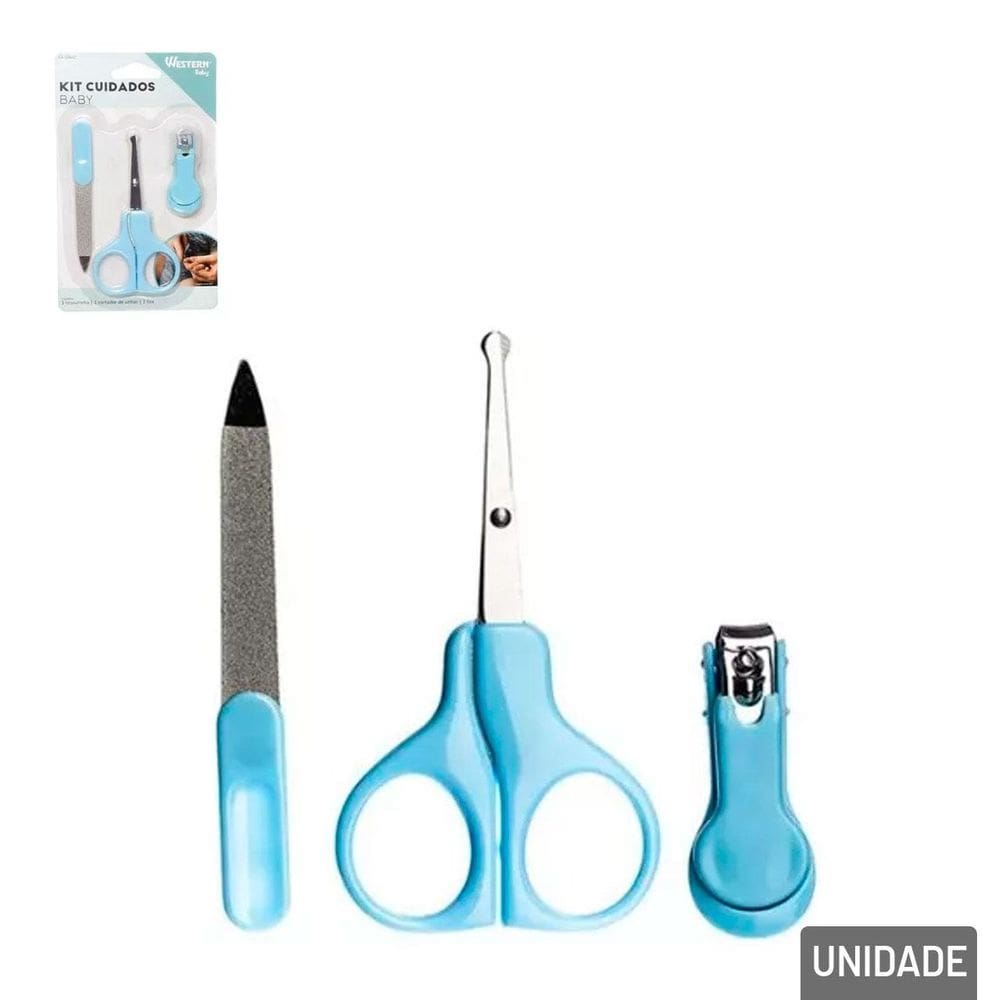 KIT Manicure Infantil 3 Peças Aço Inoxidável Azul - Tudo em Caixa