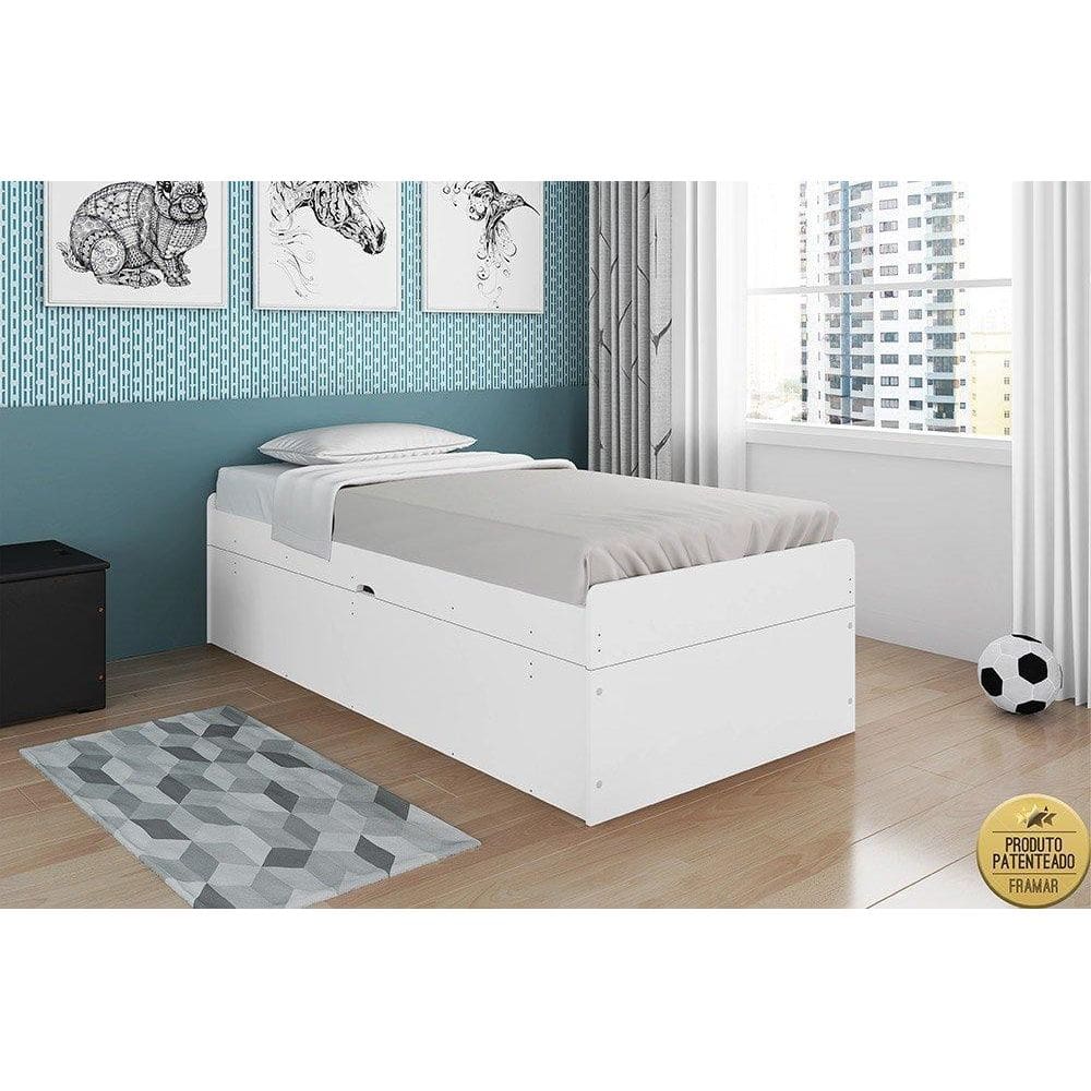 Cama Baú Espaçosa Solteiro Camila Branca com Colchão
