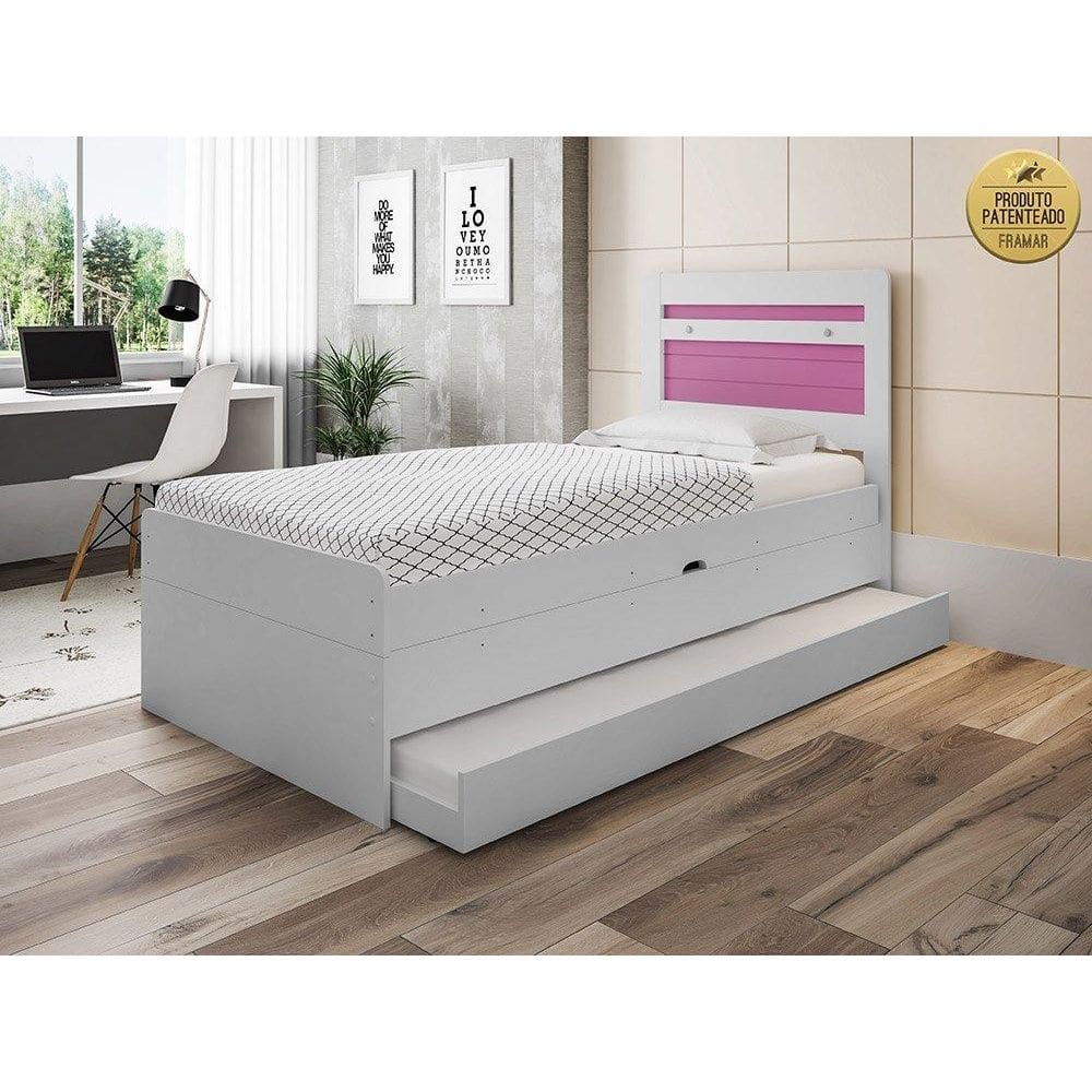 Cama Larissa Solteiro Branca e Rosa com Auxiliar e 02 Colchões Framar